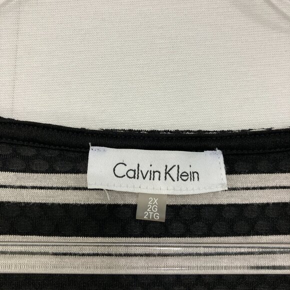 Calvin Klein Top size 2X Black White Striped Mixed Media Preppy Office Popover - Picture 2 of 11
